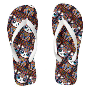 Cute Cat with Traditional Pattern Charm Flip Flops