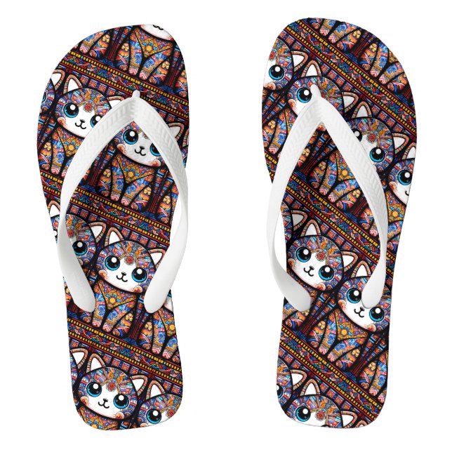 Cute Cat with Traditional Pattern Charm Flip Flops (Footbed)