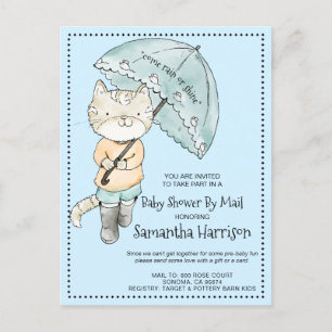 Cute Cat With Umbrella   Baby Shower By Mail Invitation Postcard