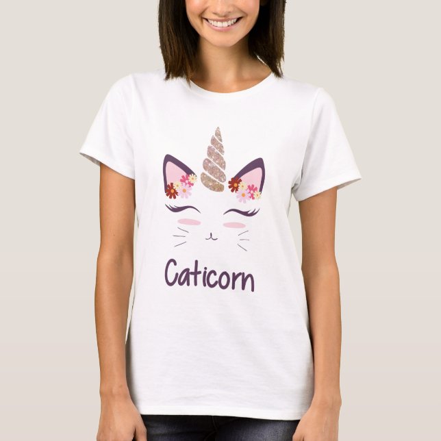 Cute Cat With Unicorn Horn And Flowers T-shirt (Front)