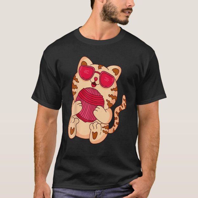 Cute Cat with Wool Ball  Knitting T-Shirt (Front)