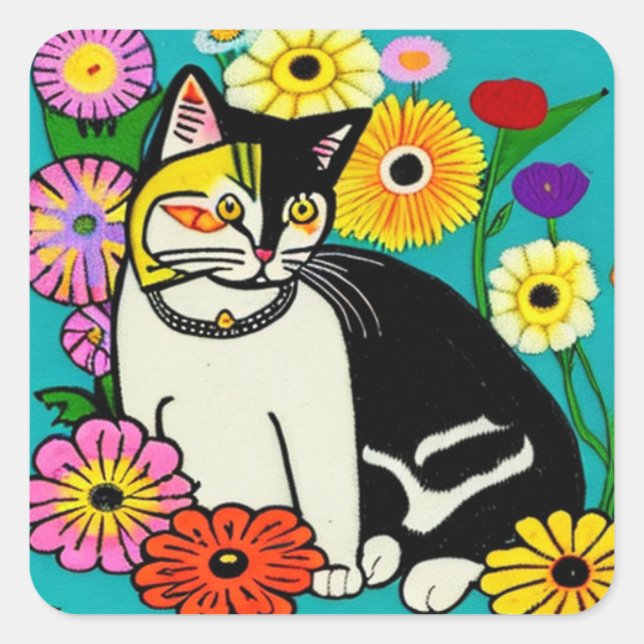  Cute Cat with Yellow Flowers Folk Art Square Sticker (Front)
