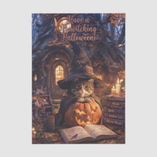 Cute Cat Wizard In Witch Hat Behind a Pumpkin Tissue Paper