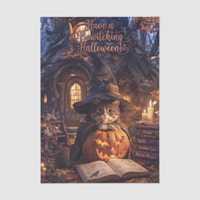 Cute Cat Wizard In Witch Hat Behind a Pumpkin Tissue Paper (Front)