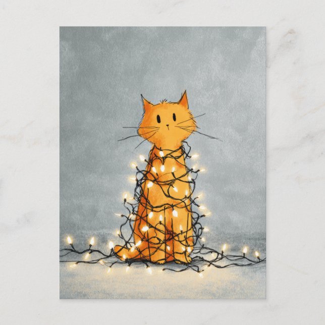 Cute Cat Wrapped by Xmas Lights Funny Christmas  Postcard (Front)