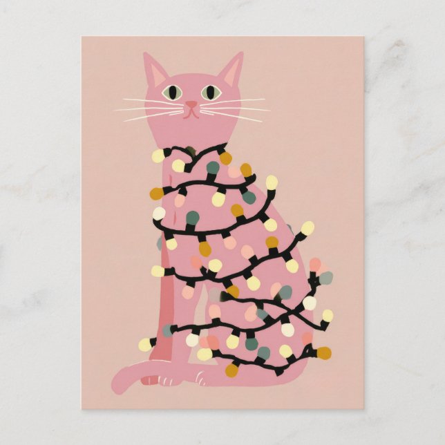 Cute Cat Wrapped in Xmas Lights Funny Christmas  Postcard (Front)