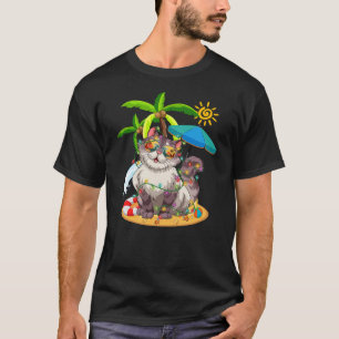 Cute Cat & Xmas Lights Palm Tree Christmas In July T-Shirt