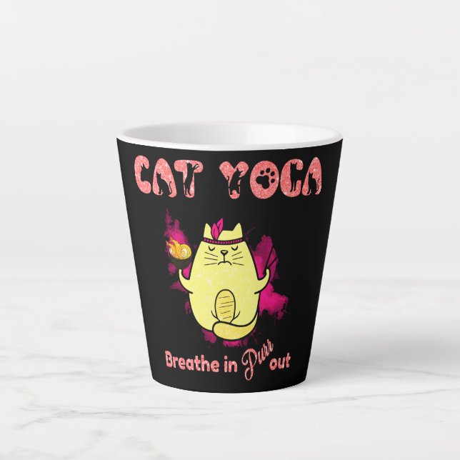 Cute Cat Yoga – "Breathe In, Purr Out" Latte Mug (Front)
