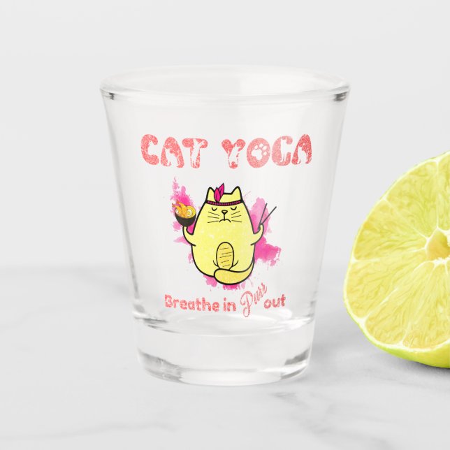 Cute Cat Yoga – "Breathe In, Purr Out" Shot Glass (Front)