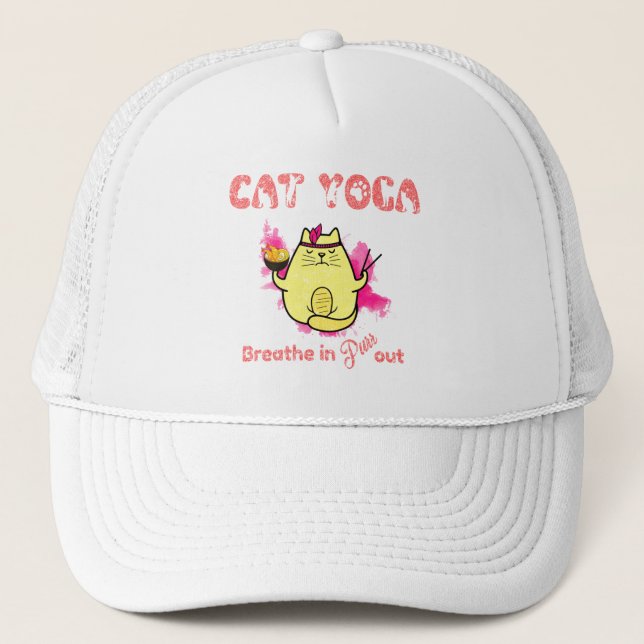 Cute Cat Yoga – "Breathe In, Purr Out" Trucker Hat (Front)
