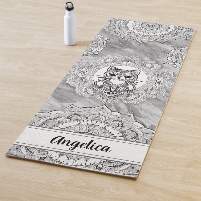 Cute Cat Yoga Mat Indian Mandala Art (In Situ)