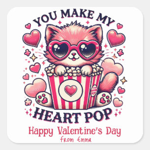 Cute Cat You Make My Heart Pop Classroom Square Sticker