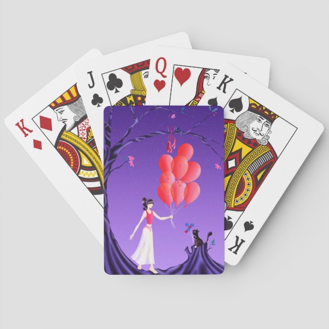 Cute Cate & Ballerina Under Midnight Tree Playing Cards (Back)