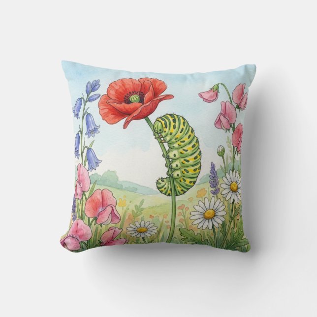 Cute Caterpillar and Flowers Tiny Insects  Cushion (Front)