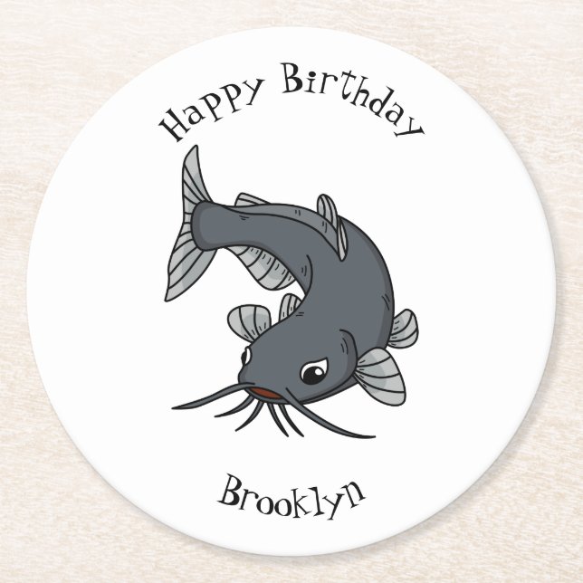 Cute catfish cartoon illustration round paper coaster (Front)