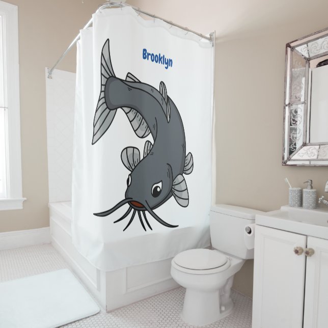 Cute catfish cartoon illustration  shower curtain (In Situ)