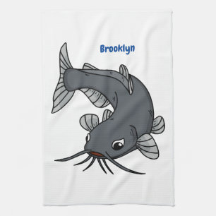 Cute catfish cartoon illustration tea towel