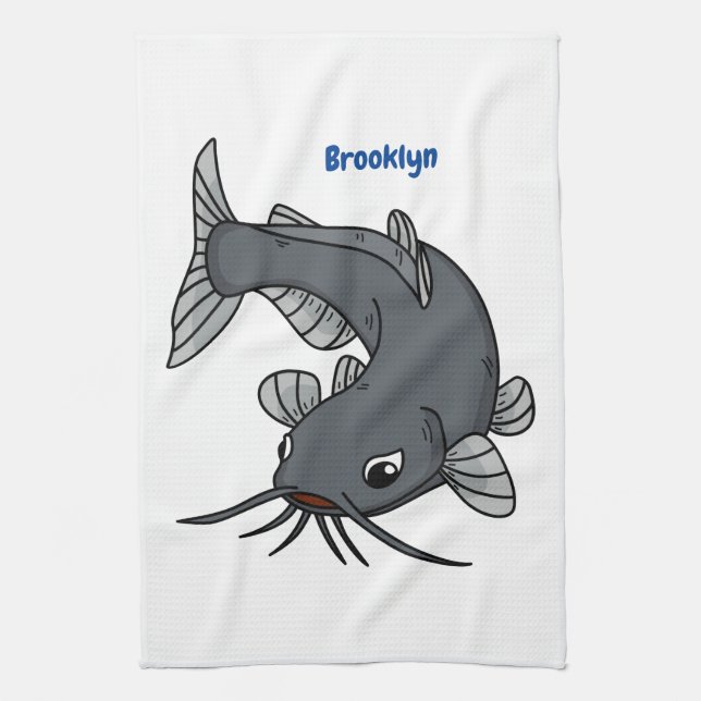 Cute catfish cartoon illustration  tea towel (Vertical)