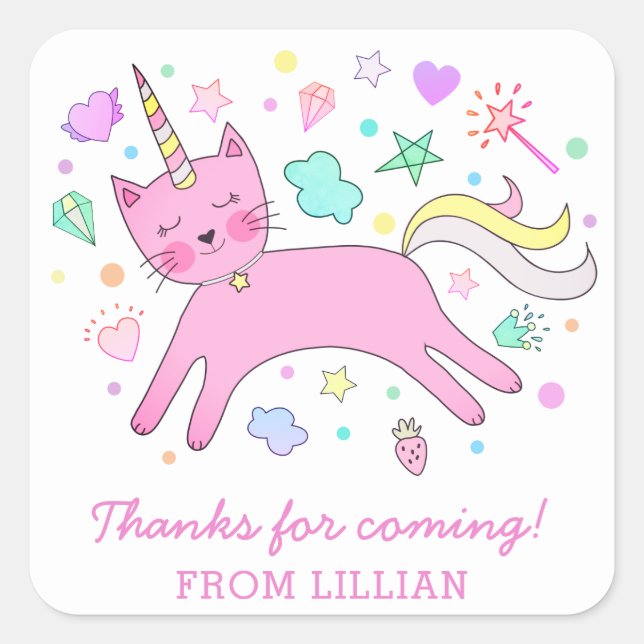 Cute Caticorn | Magical Birthday Thank You Square Sticker (Front)