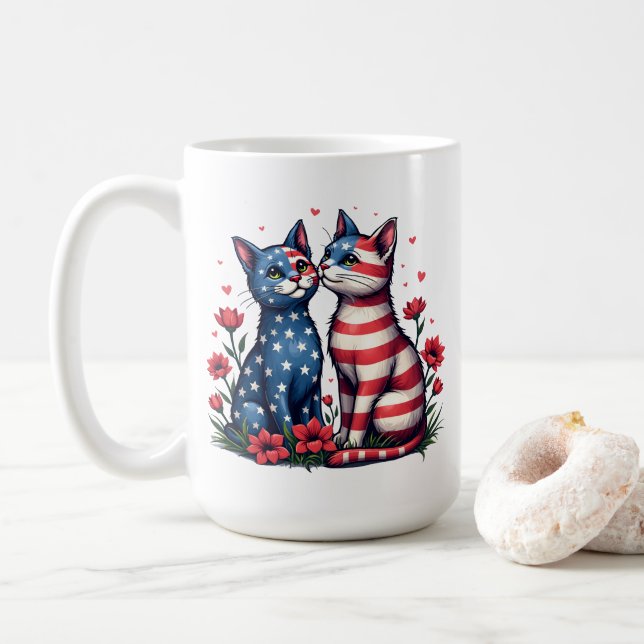 Cute Cats American Flag and Flowers Patriotic  Coffee Mug (With Donut)