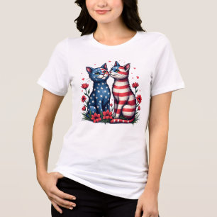Cute Cats American Flag and Flowers Patriotic Tri-Blend Shirt