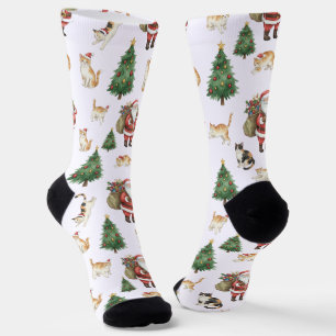 Cute Cats and Christmas Trees Pattern Socks