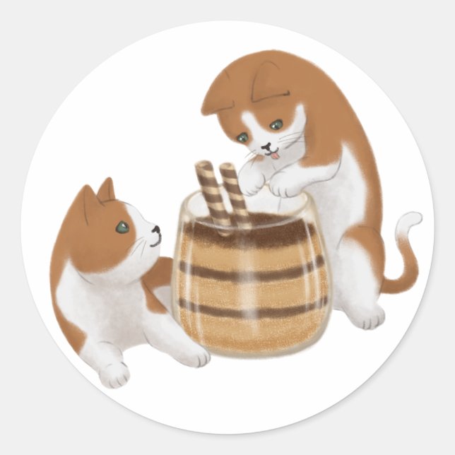 Cute Cats and Dessert Illustration Classic Round Sticker (Front)
