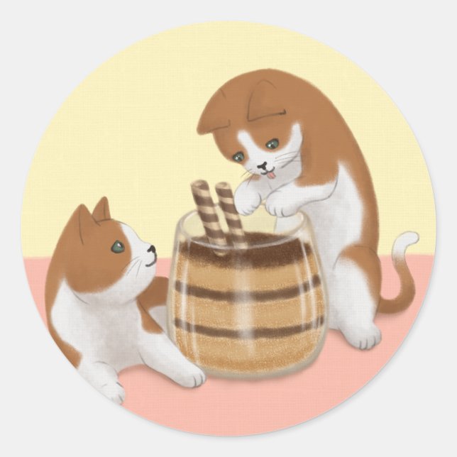 Cute Cats and Dessert Illustration Classic Round Sticker (Front)