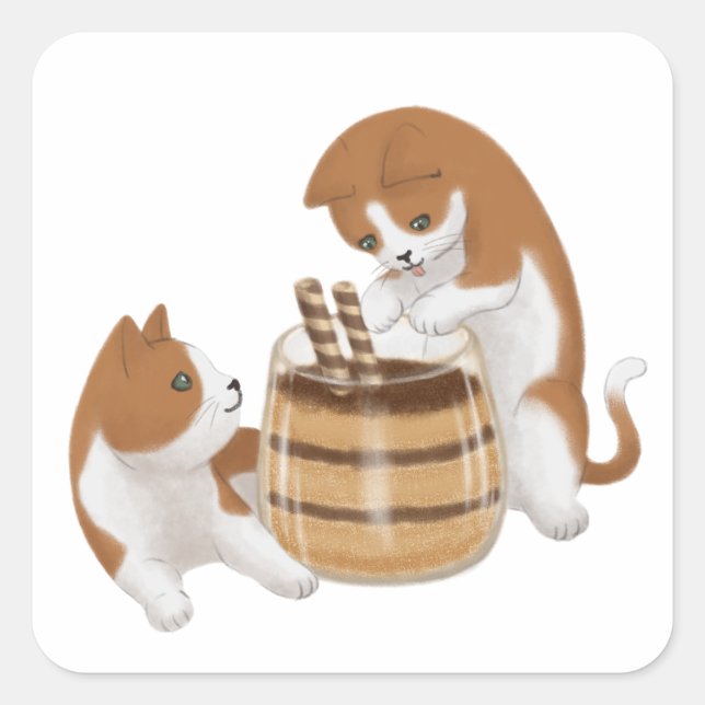 Cute Cats and Dessert Illustration Square Sticker (Front)
