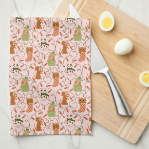 Cute Cats and Dogs Christmas Lights Pink Tea Towel