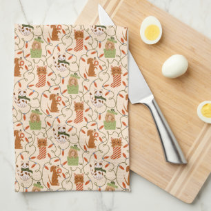 Cute Cats and Dogs Christmas Lights Tea Towel