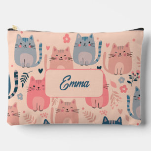 Cute Cats and Floral Pattern Custom Monogram Kids Accessory Pouch