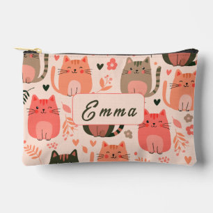 Cute Cats and Floral Pattern Custom Monogram Kids Accessory Pouch