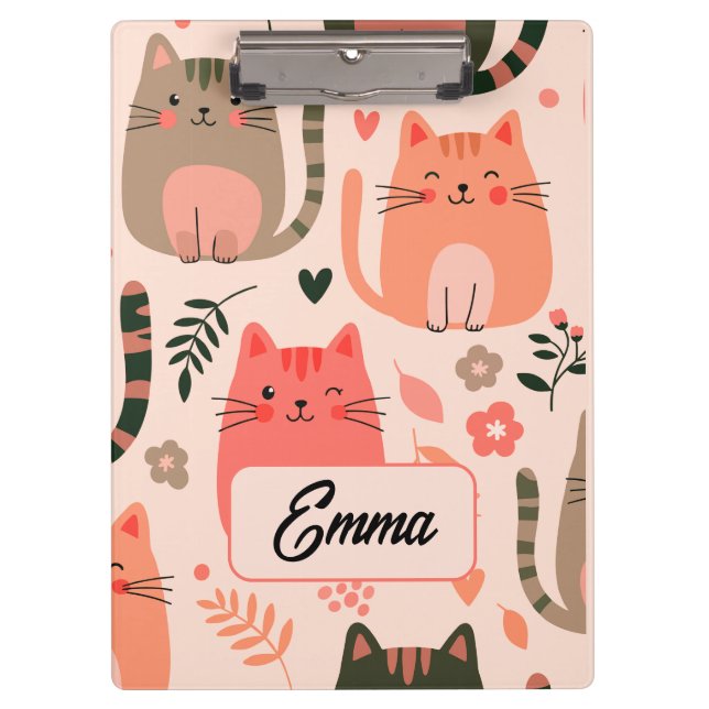 Cute Cats and Floral Pattern Custom Monogram Kids Clipboard (Front)