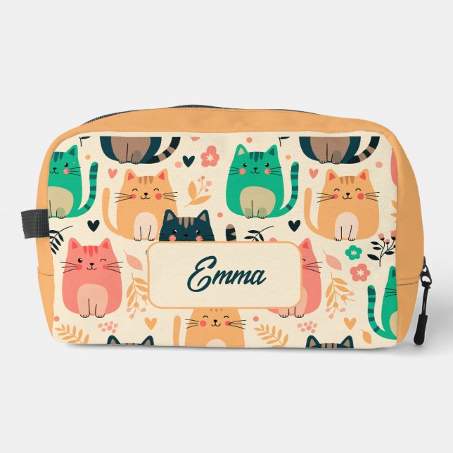 Cute Cats and Floral Pattern Custom Monogram Kids Dopp Kit (Front)