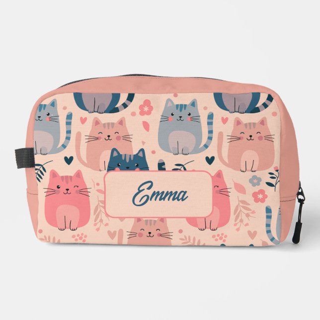 Cute Cats and Floral Pattern Custom Monogram Kids Dopp Kit (Front)