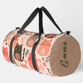 Cute Cats and Floral Pattern Custom Monogram Kids Duffle Bag