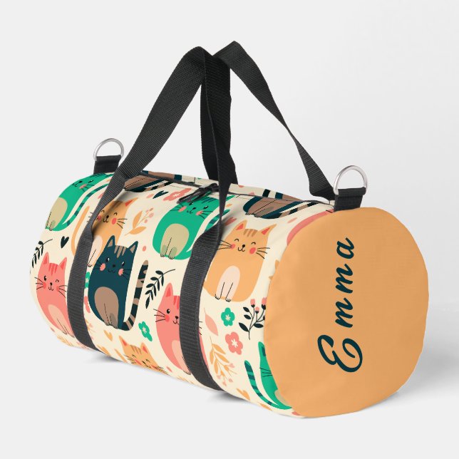 Cute Cats and Floral Pattern Custom Monogram Kids Duffle Bag (Left Corner)
