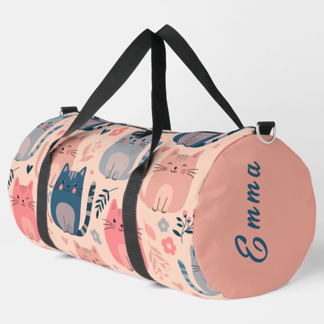 Cute Cats and Floral Pattern Custom Monogram Kids Duffle Bag (Left Corner)