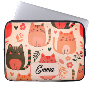 Cute Cats and Floral Pattern Custom Monogram Kids Laptop Sleeve