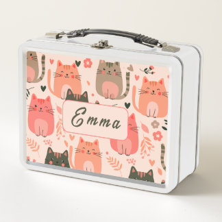 Cute Cats and Floral Pattern Custom Monogram Kids Metal Lunch Box