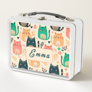 Cute Cats and Floral Pattern Custom Monogram Kids Metal Lunch Box