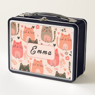 Cute Cats and Floral Pattern Custom Monogram Kids Metal Lunch Box