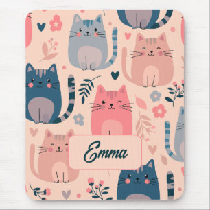 Cute Cats and Floral Pattern Custom Monogram Kids Mouse Mat