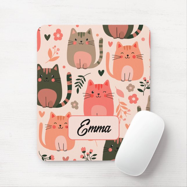Cute Cats and Floral Pattern Custom Monogram Kids Mouse Mat (With Mouse)