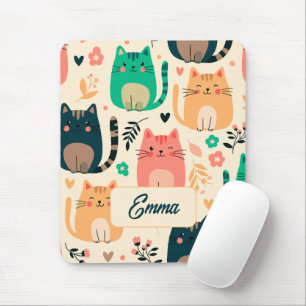 Cute Cats and Floral Pattern Custom Monogram Kids Mouse Mat