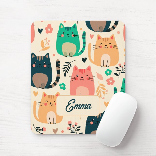 Cute Cats and Floral Pattern Custom Monogram Kids Mouse Mat (With Mouse)
