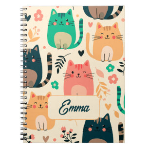 Cute Cats and Floral Pattern Custom Monogram Kids Notebook