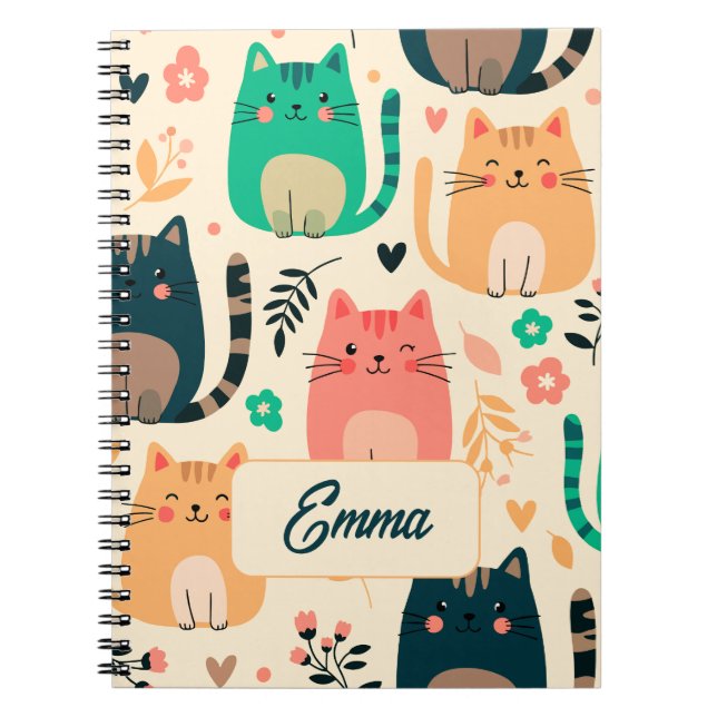Cute Cats and Floral Pattern Custom Monogram Kids Notebook (Front)