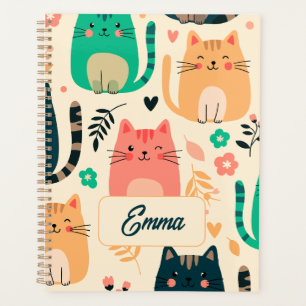 Cute Cats and Floral Pattern Custom Monogram Kids Planner